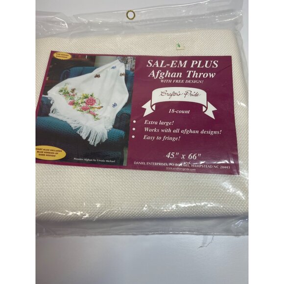SAL-EM Plus Afghan Throw 18-Count 45" X 66" Extra Large White Needlework With Fr - Picture 1 of 4